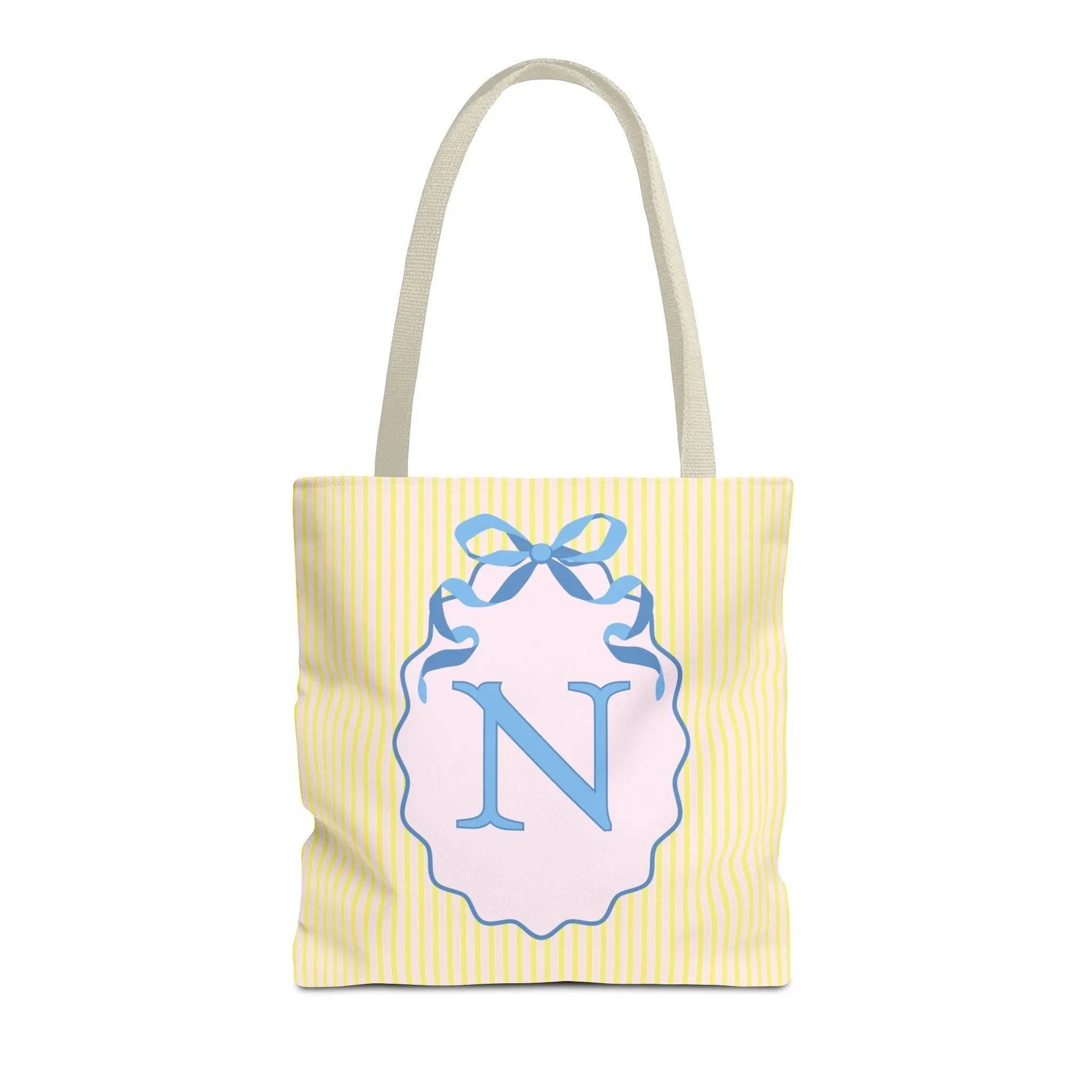 Peppy Initial Tote Bag with Initial and Cute Bow, Boho Hydrangea Flowers: N - BIG FRENCHIES