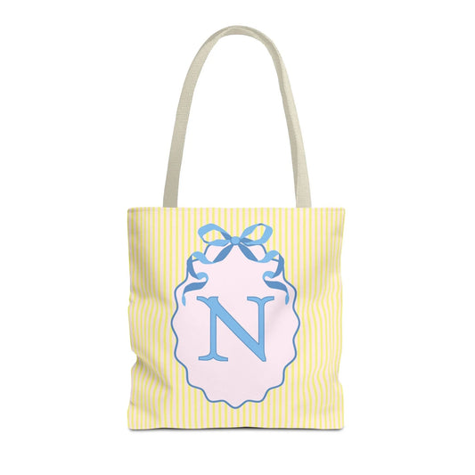 Peppy Initial Tote Bag with Initial and Cute Bow, Boho Hydrangea Flowers: N - BIG FRENCHIES