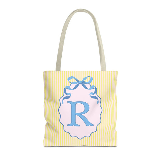 Peppy Initial Tote Bag with Initial and Cute Bow, Boho Hydrangea Flowers: R - BIG FRENCHIES
