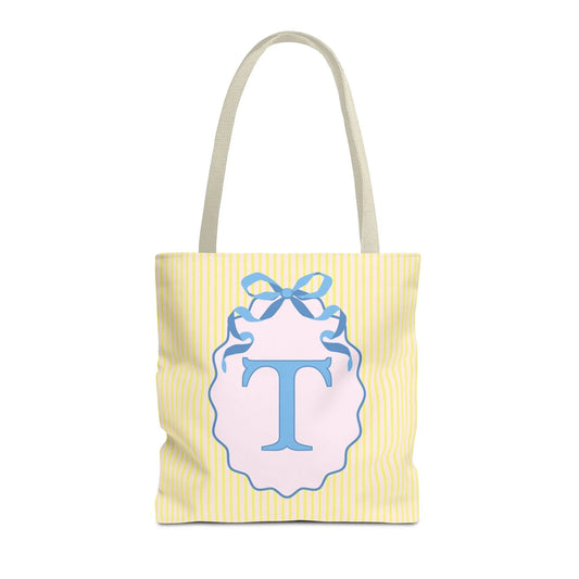 Peppy Initial Tote Bag with Initial and Cute Bow, Boho Hydrangea Flowers: T - BIG FRENCHIES