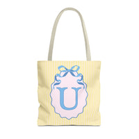 Peppy Initial Tote Bag with Initial and Cute Bow, Boho Hydrangea Flowers: U