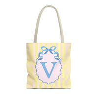 Peppy Initial Tote Bag with Initial and Cute Bow, Boho Hydrangea Flowers: V - BIG FRENCHIES
