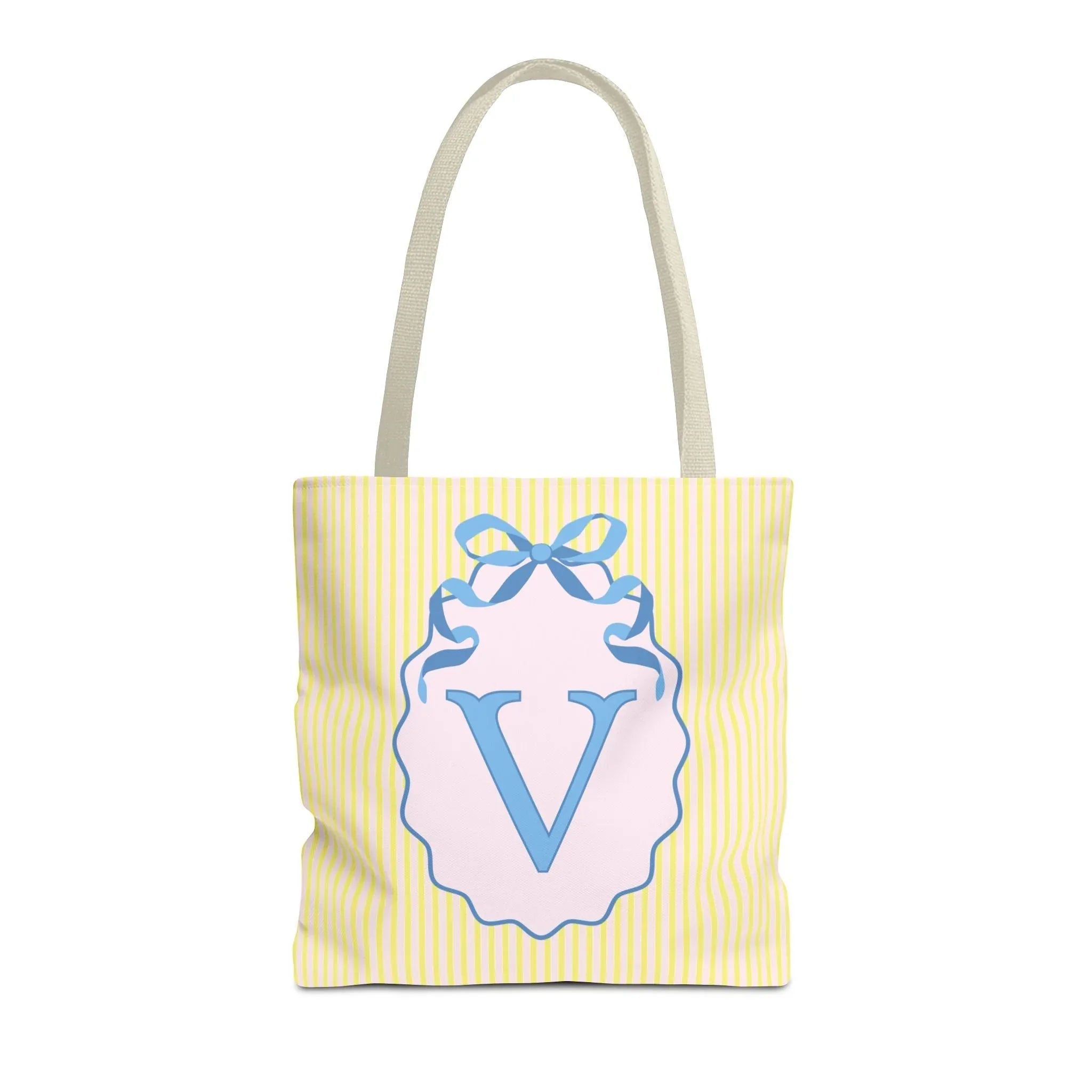 Peppy Initial Tote Bag with Initial and Cute Bow, Boho Hydrangea Flowers: V - BIG FRENCHIES