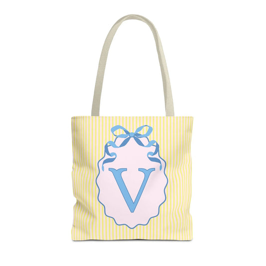 Peppy Initial Tote Bag with Initial and Cute Bow, Boho Hydrangea Flowers: V - BIG FRENCHIES