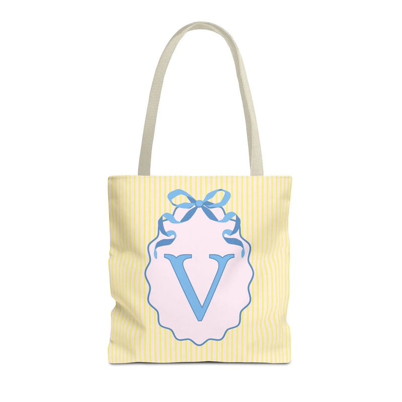 Peppy Initial Tote Bag with Initial and Cute Bow, Boho Hydrangea Flowers: V - BIG FRENCHIES