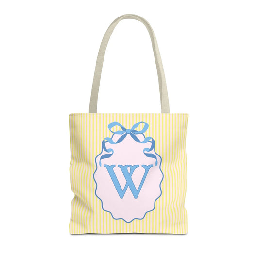 Peppy Initial Tote Bag with Initial and Cute Bow, Boho Hydrangea Flowers: W - BIG FRENCHIES