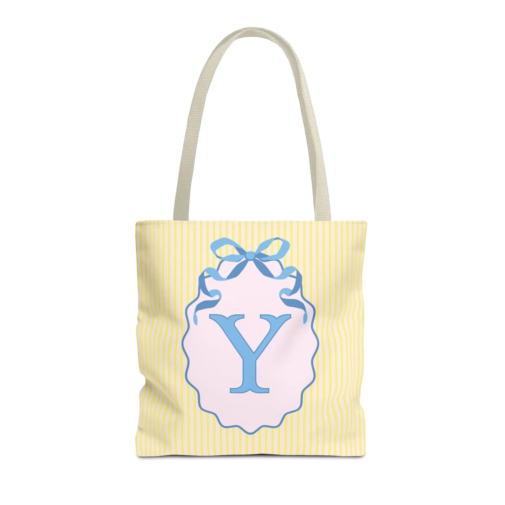 Peppy Initial Tote Bag with Initial and Cute Bow, Boho Hydrangea Flowers: Y - BIG FRENCHIES
