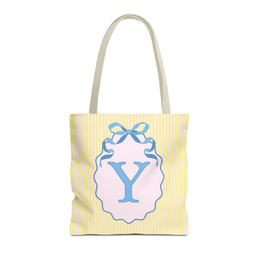 Peppy Initial Tote Bag with Initial and Cute Bow, Boho Hydrangea Flowers: Y - BIG FRENCHIES