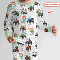 Personalized God Says I Am Christmas Monster Truck Bamboo Two Piece Long Sleeve Pajama Set