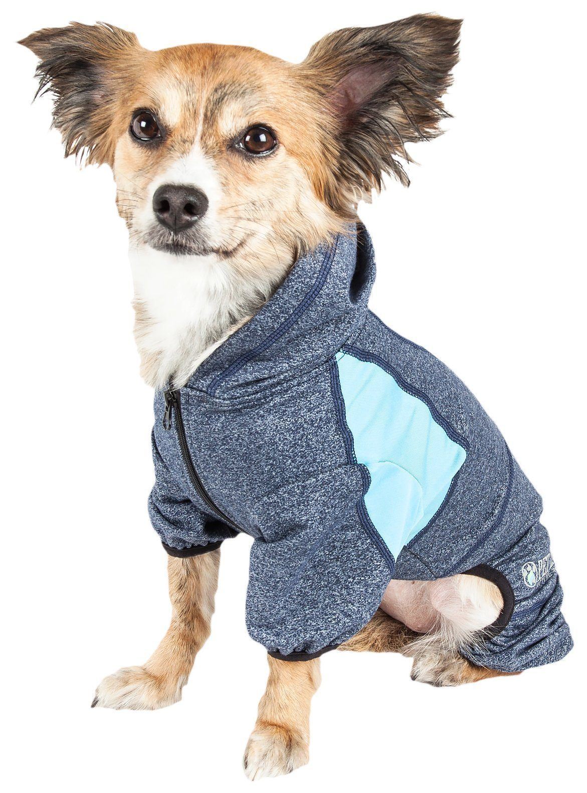 Pet Life ® Active 'Fur-Breeze' Medium-weight 4-Way-Stretch Full Body Hooded Dog Yoga sweater - BIG FRENCHIES