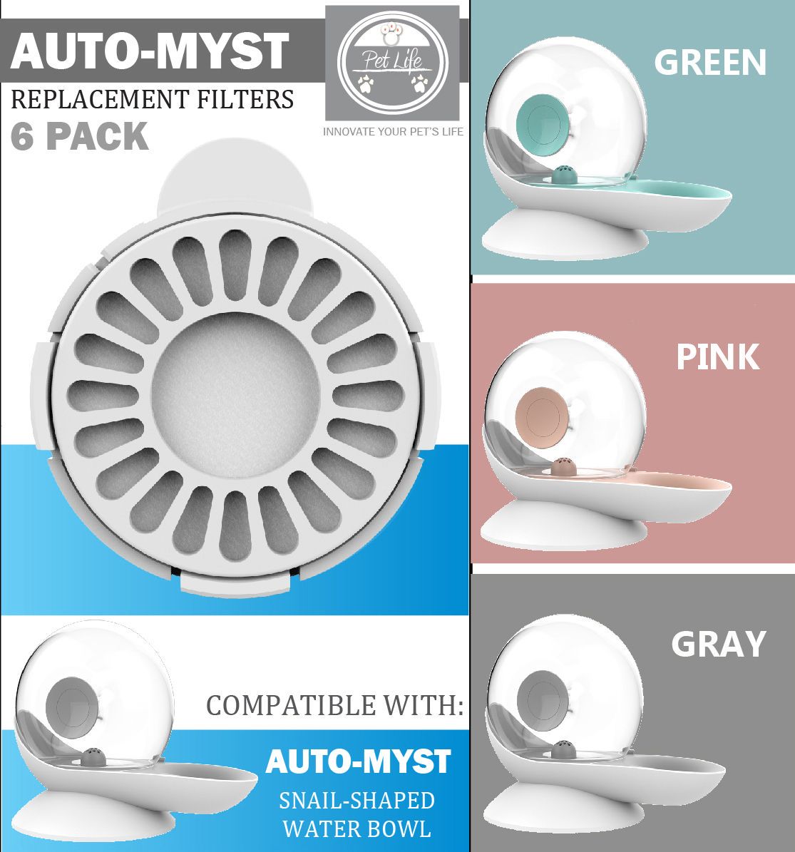 Pet Life ® 'Auto-Myst' 2-in-1 Filtered Water Dispenser and Food Bowl - Replacement Filters - 6 Pack - BIG FRENCHIES