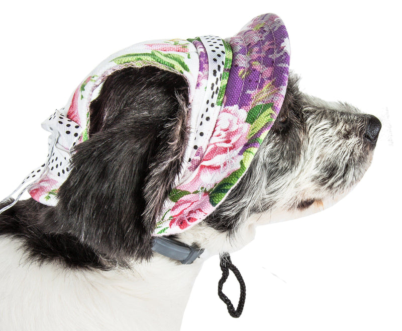 Pet Life ® 'Botanic Bark' Floral UV Protectant Adjustable Fashion Canopy Brimmed Dog Hat Cap - BIG FRENCHIES