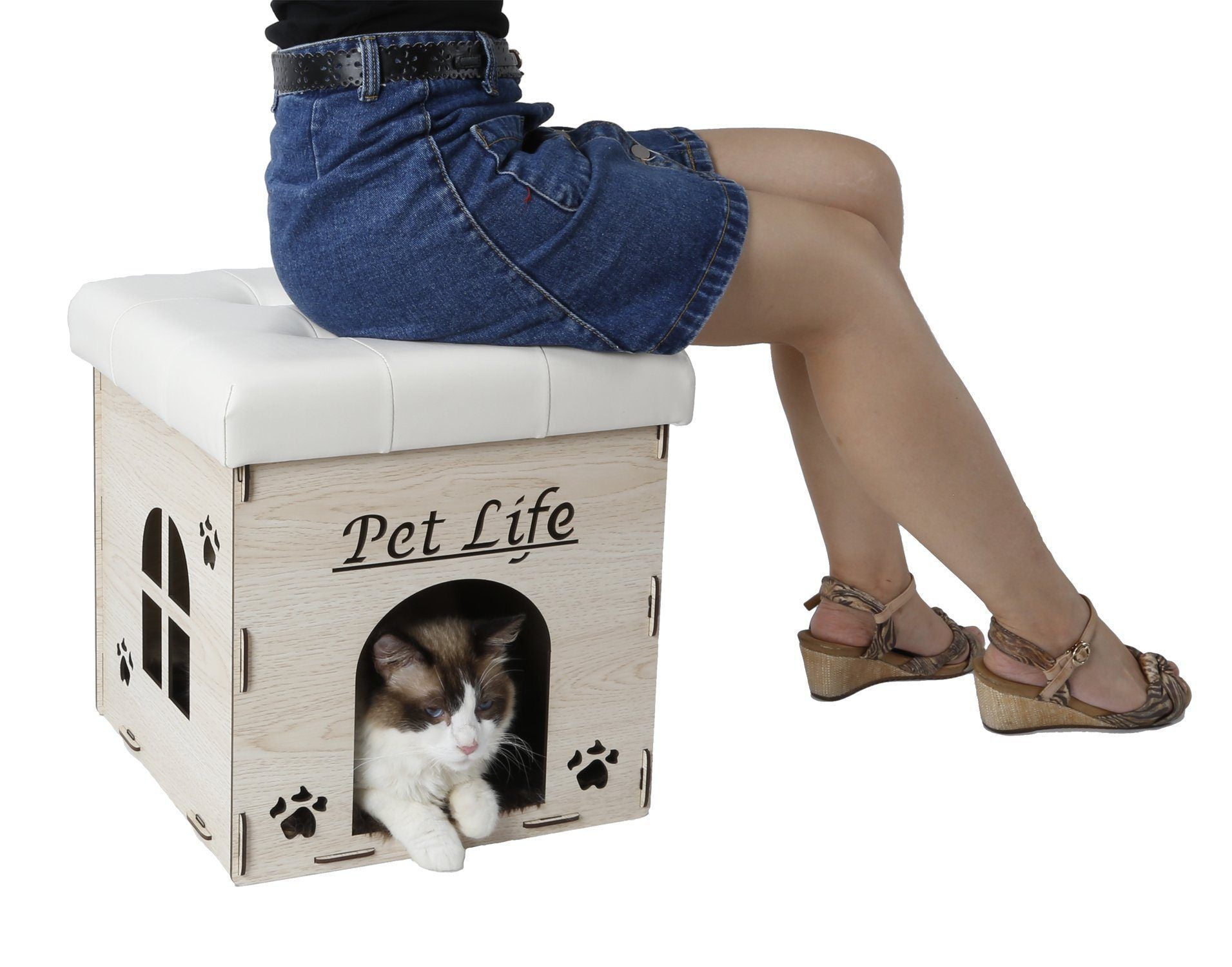 Pet Life ® 'Kitty Kallapse' Collapsible Folding Kitty Cat House Tree Bed Ottoman Bench Furniture - BIG FRENCHIES