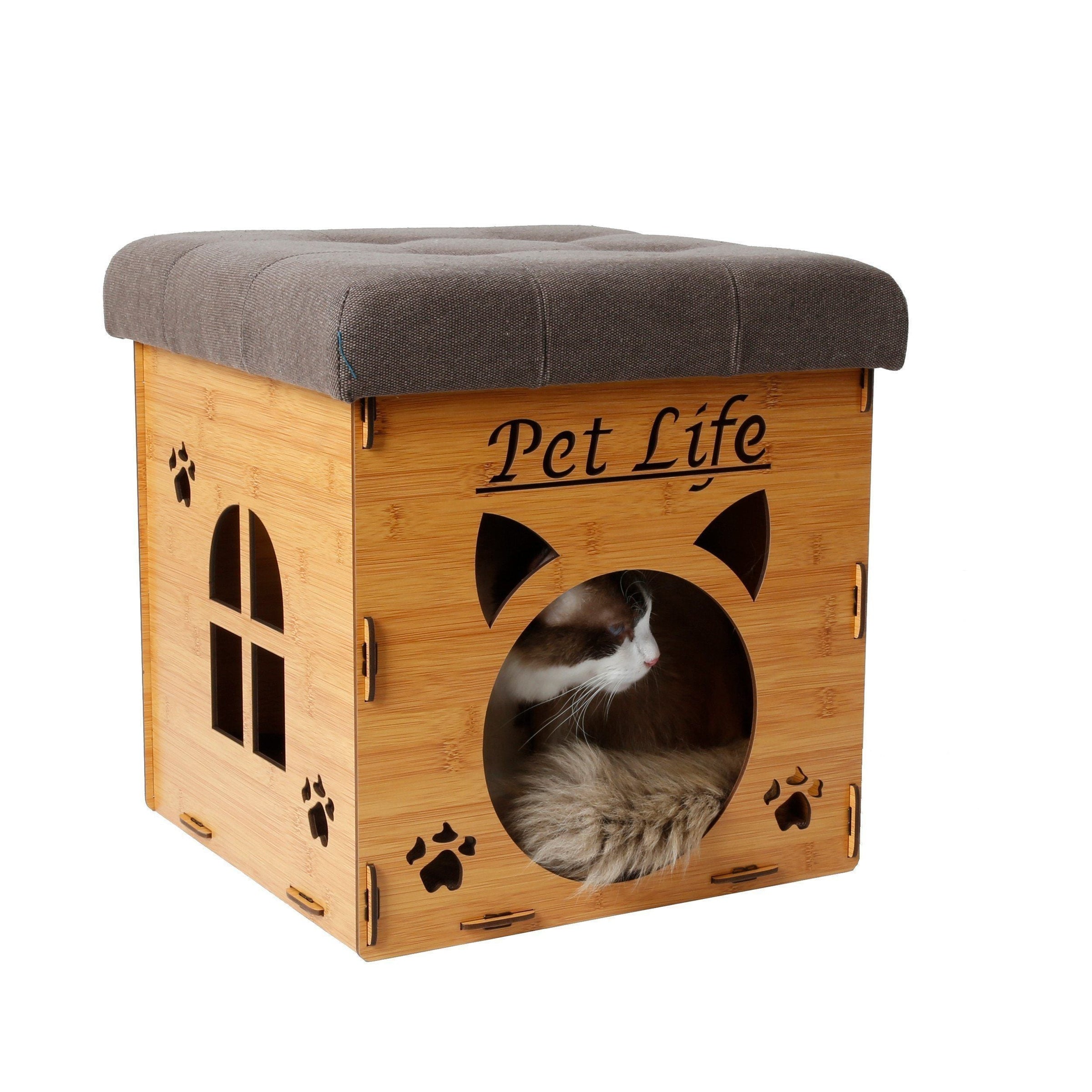 Pet Life ® 'Kitty Kallapse' Collapsible Folding Kitty Cat House Tree Bed Ottoman Bench Furniture - BIG FRENCHIES