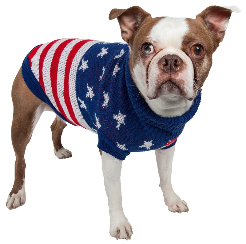 Pet Life ® 'Patriot Independence Star' Heavy Knitted Fashion Ribbed Turtle Neck Dog Sweater - BIG FRENCHIES