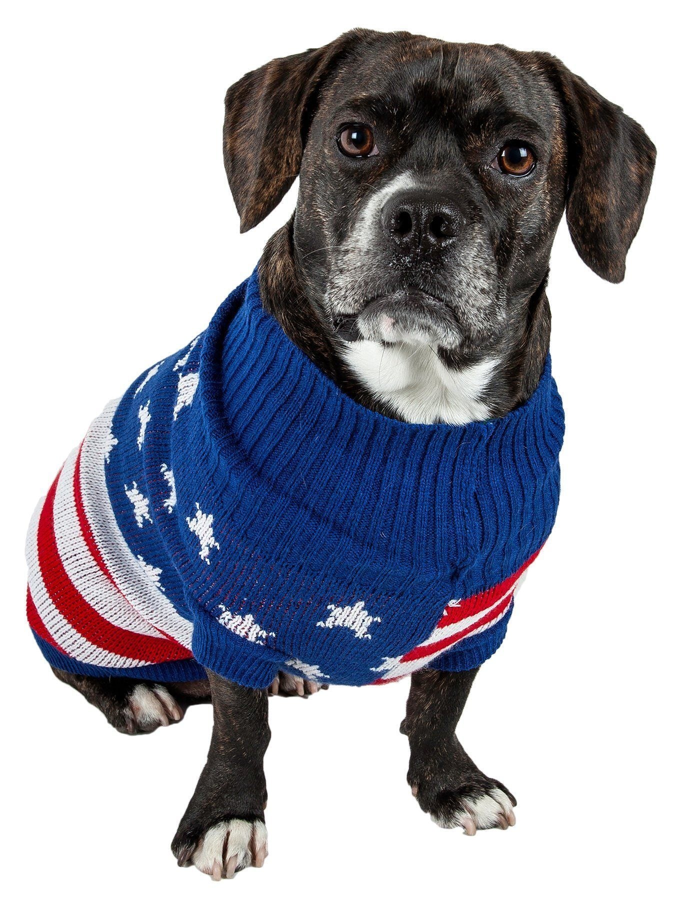 Pet Life ® 'Patriot Independence Star' Heavy Knitted Fashion Ribbed Turtle Neck Dog Sweater - BIG FRENCHIES