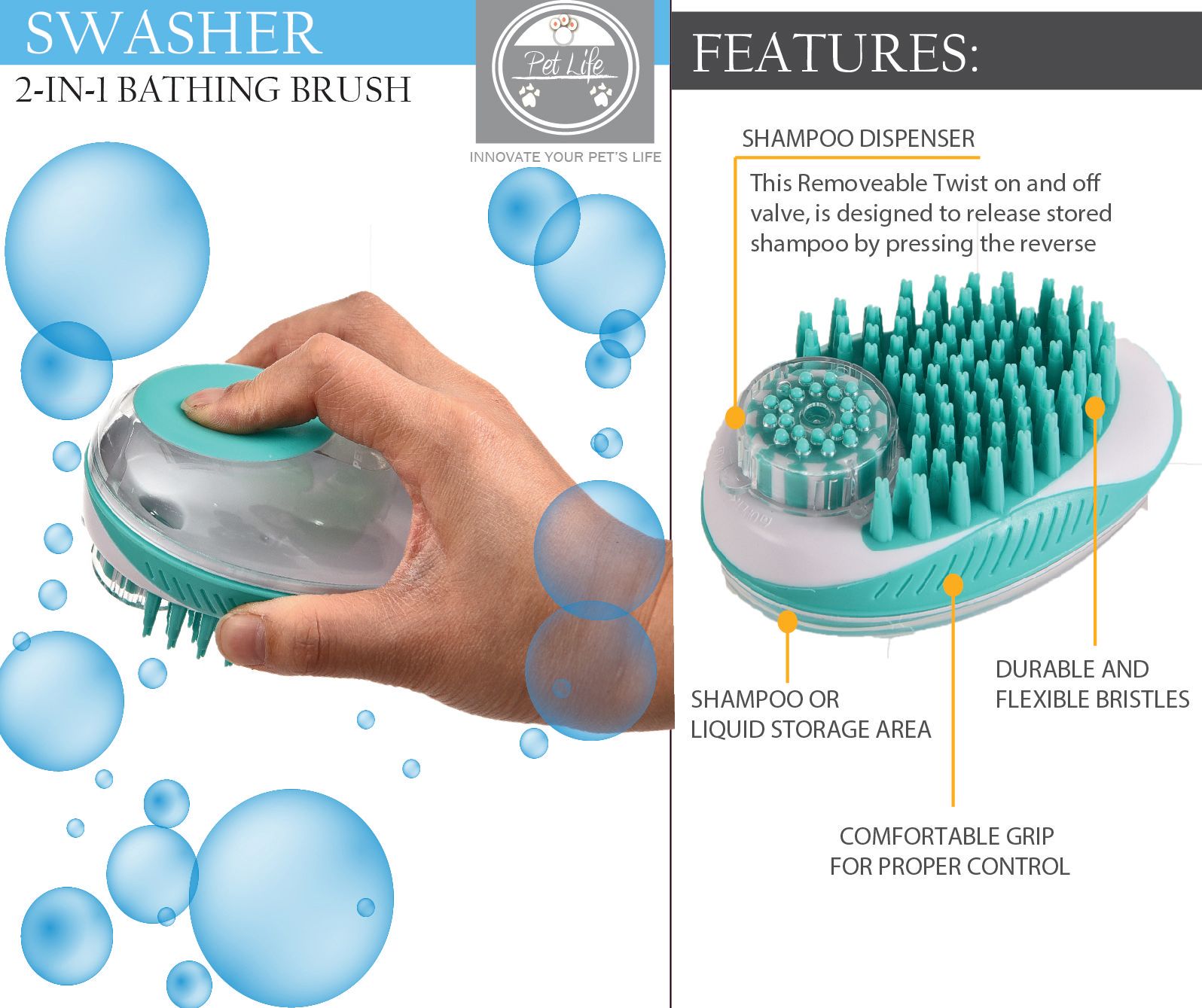 Pet Life ® 'Swasher' Shampoo Dispensing Massage and Bathing Brush - BIG FRENCHIES