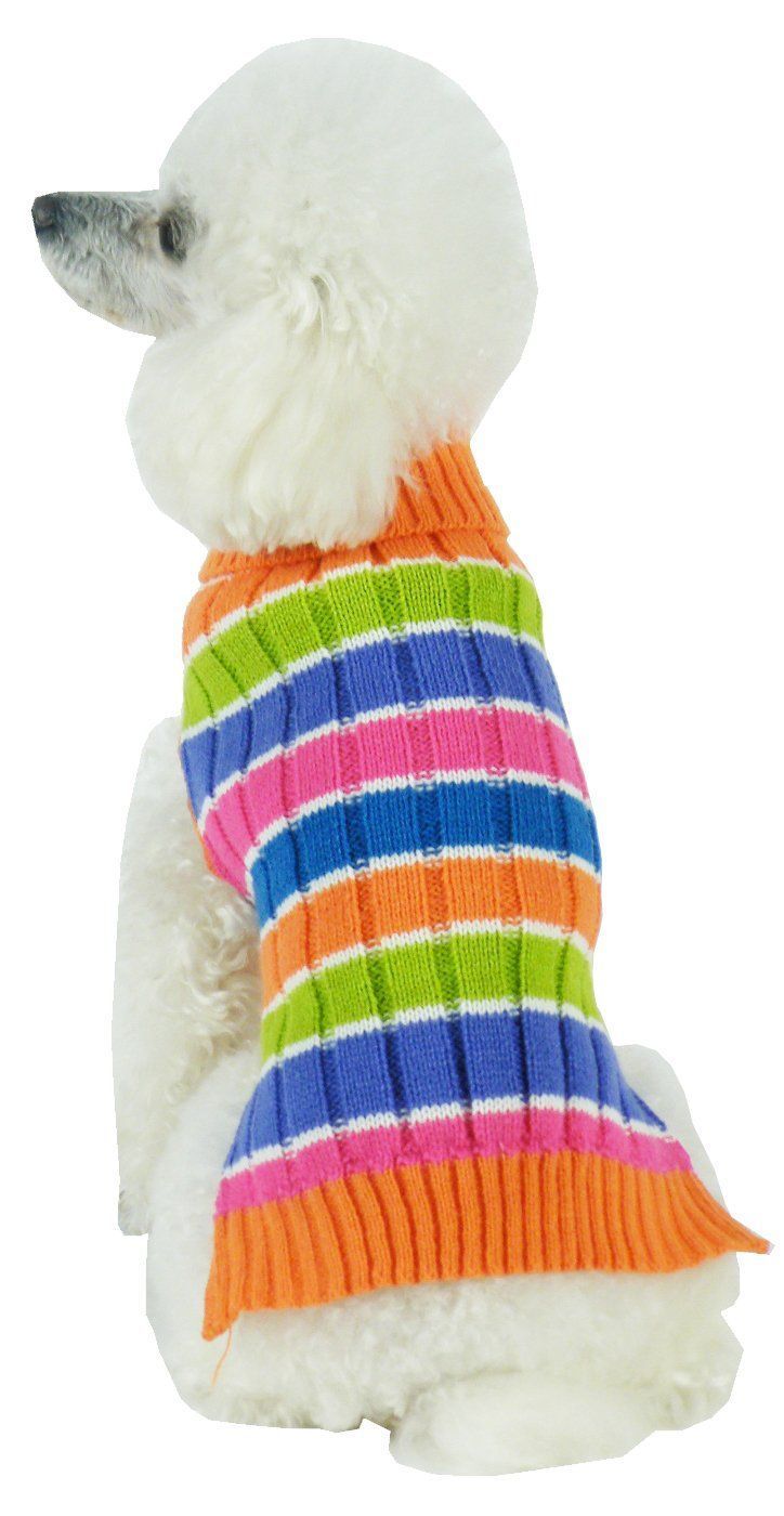 Pet Life ® 'Tutti-Beauty' Rainbow Heavy Cable Knitted Ribbed Designer Turtle Neck Dog Sweater - BIG FRENCHIES