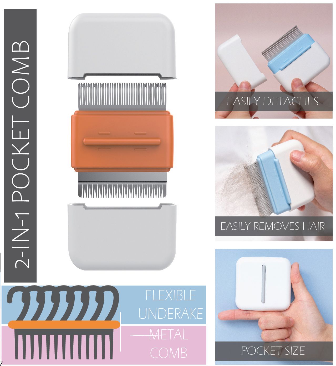 Pet Life ® 'Zipocket' 2-in-1 Underake and Stainless Steel Travel Grooming Pet Comb - BIG FRENCHIES