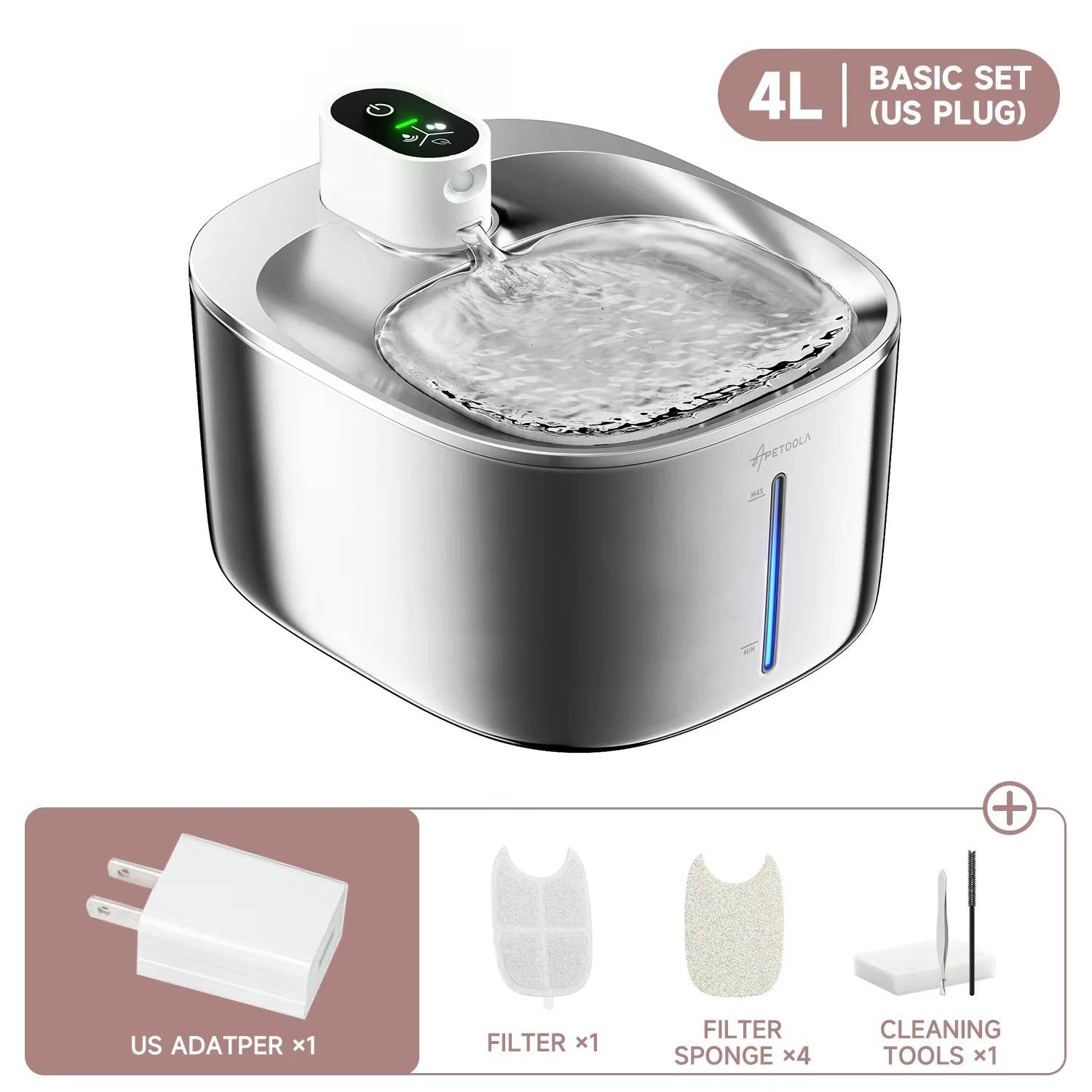 4L Wireless Cat Water Fountain - Auto Sensor Pet Drinking Fountain with Battery | Stainless Steel Cordless Water Dispenser for Dogs & Cats - BIG FRENCHIES