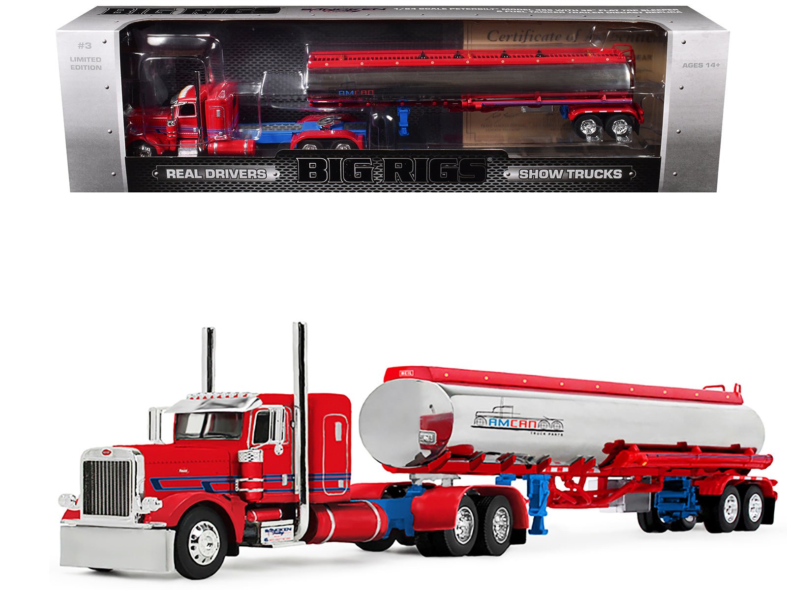 Peterbilt 389 with 36" Flat Top Sleeper and Heil Fuel Tank Trailer "Sancken Custom Truck by Amcan" Red "Big Rigs" Series II #3 1/64 Diecast Model by DCP/First Gear  free shipping USA