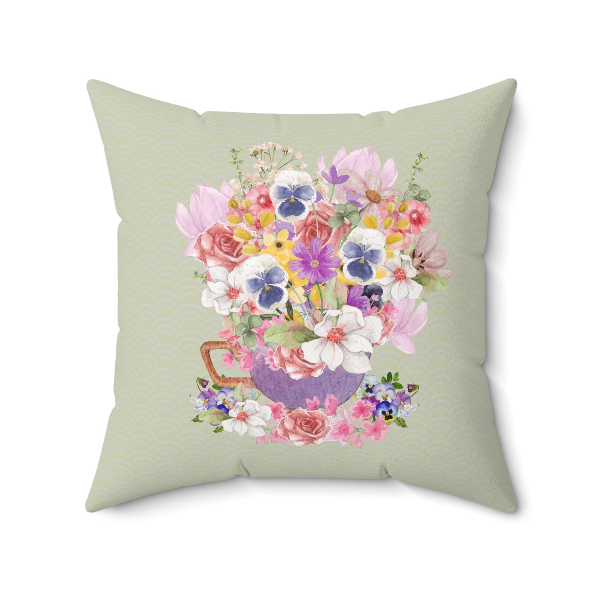 Pillow with Pansies in a Cup