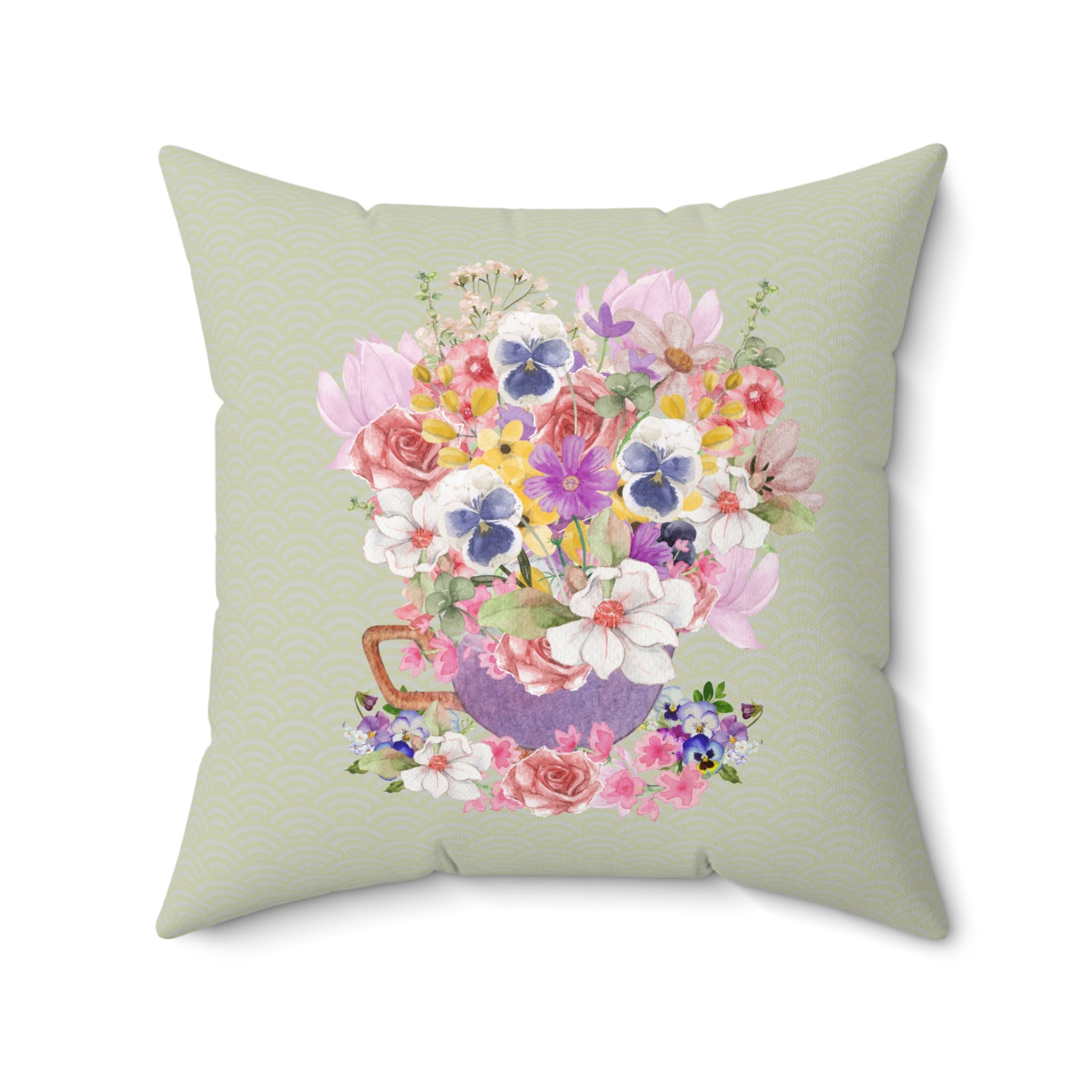 Pillow with Pansies in a Cup