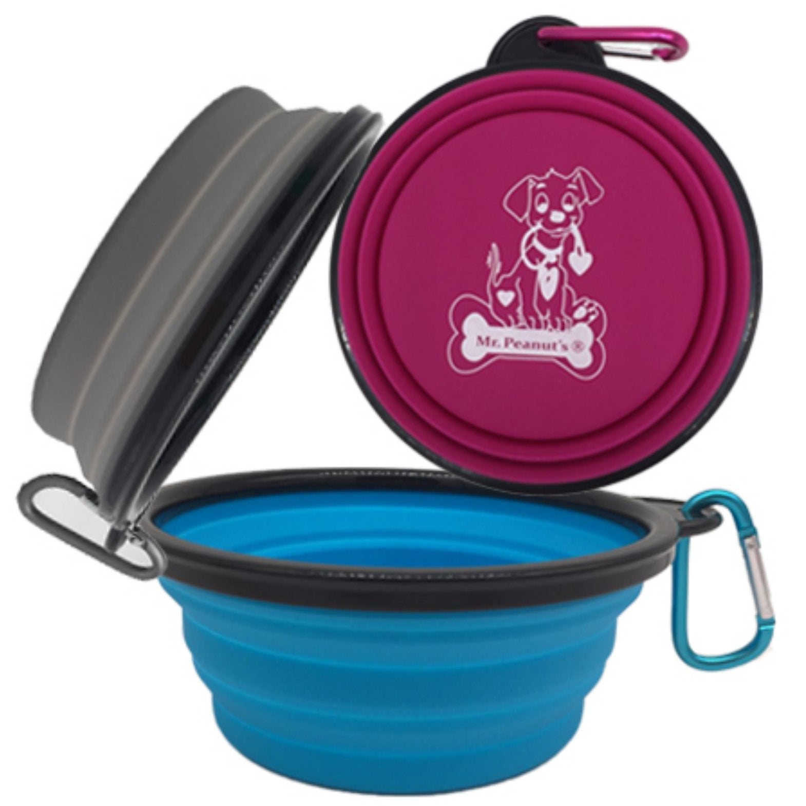 Mr. Peanut's 3 Pak XL (25oz) Collapsible Silicone Bowls with Color Matched Carabiner Clips - BIG FRENCHIES