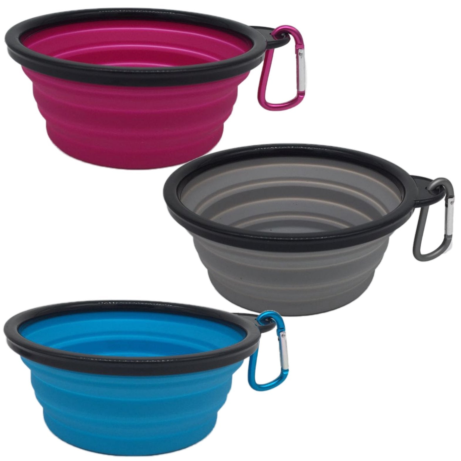 Mr. Peanut's 3 Pak XL (25oz) Collapsible Silicone Bowls with Color Matched Carabiner Clips - BIG FRENCHIES