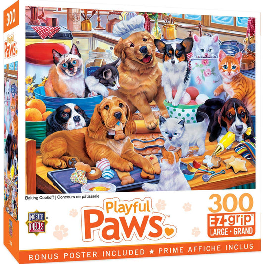 Playful Paws - Baking Cookoff 300 Piece EZ Grip Puzzle by MasterPieces | Adorable Kitten and Puppy Jigsaw Puzzle - BIG FRENCHIES