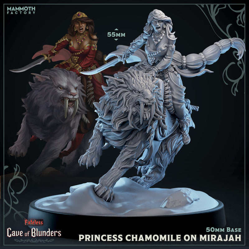 Princess Chamomile on Mirajah (Female Human Assassin with Tiger Mount)-3D Printed Miniatures-BIG FRENCHIES-All Systems Go Games