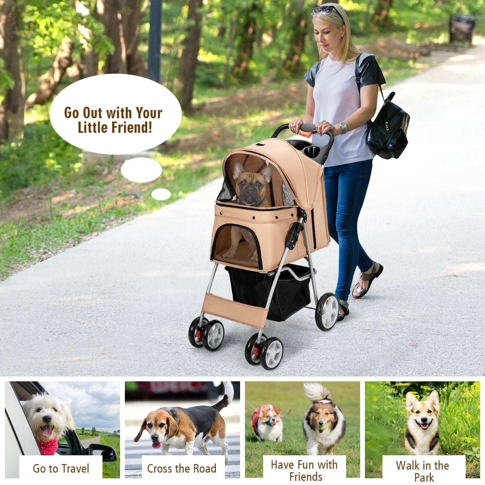 Foldable Pet Stroller 4-Wheel Travel Carrier - BIG FRENCHIES