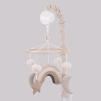 Rainbow Moon and Stars Pom Pom Ivory, Taupe, and Natural Wood Tones Plush Nursery Musical Mobile - BIG FRENCHIES