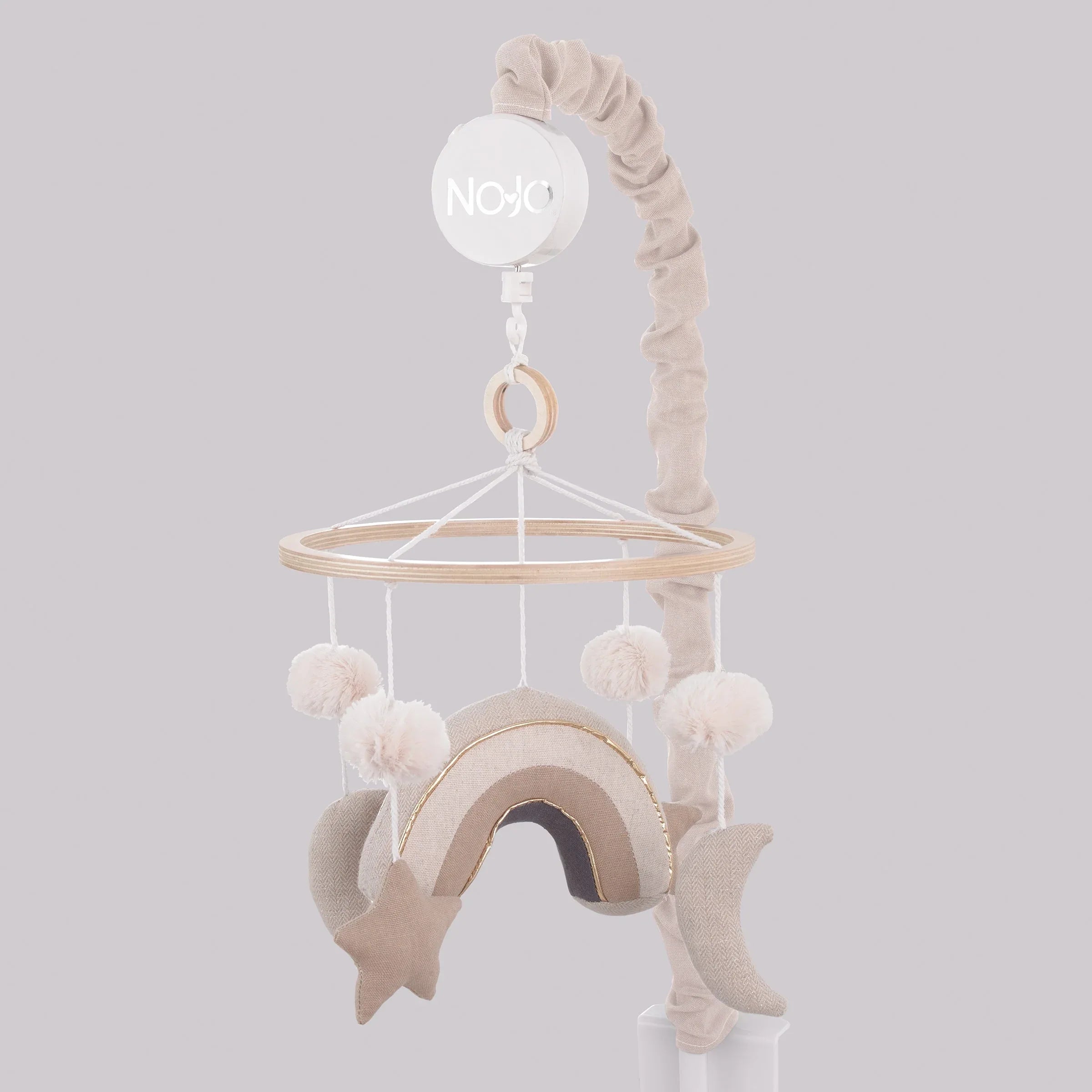 Rainbow Moon and Stars Pom Pom Ivory, Taupe, and Natural Wood Tones Plush Nursery Musical Mobile - BIG FRENCHIES