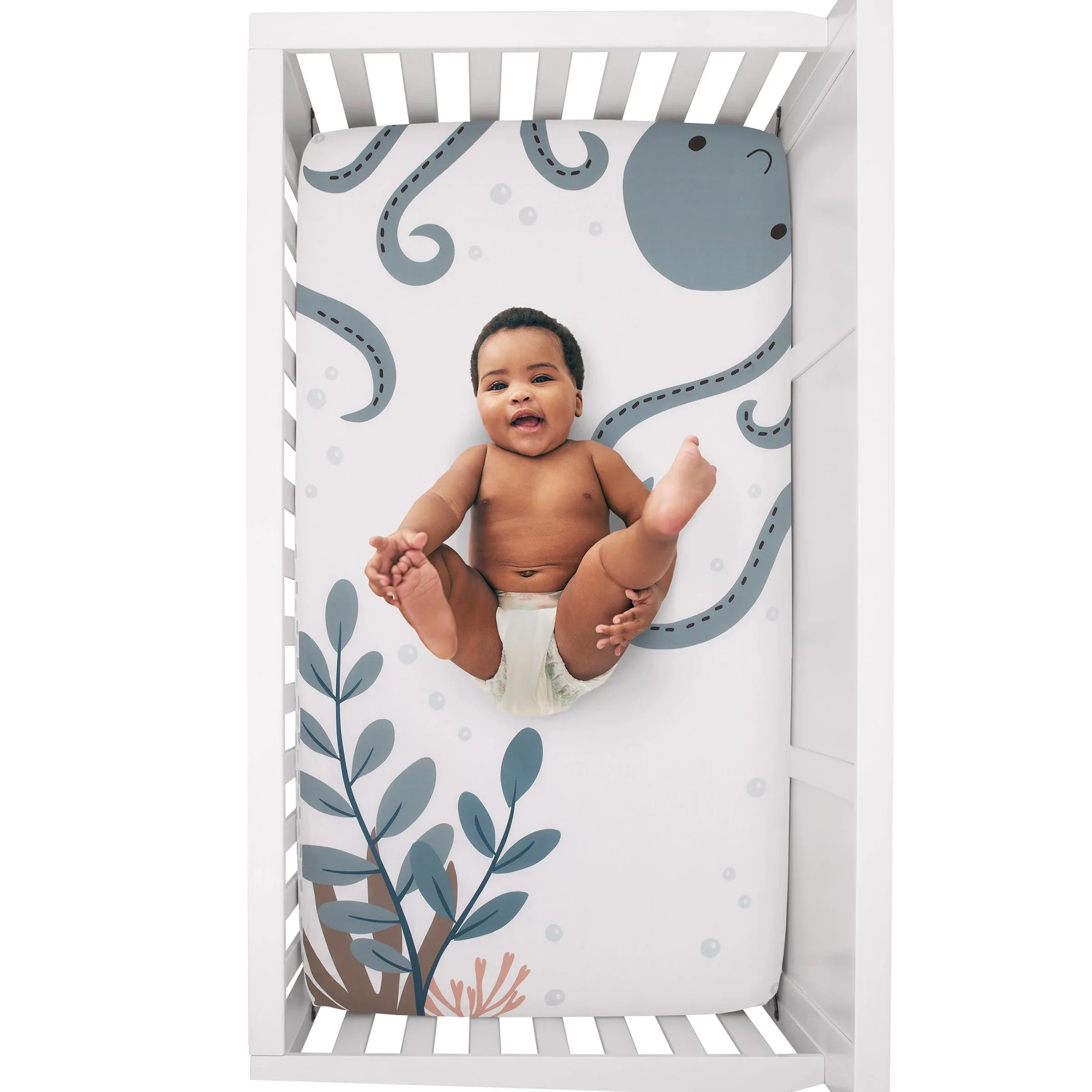 Explore Dream Discover Light Blue, Navy, and White Octopus 100% Cotton Nursery Photo Op Fitted Crib Sheet - BIG FRENCHIES