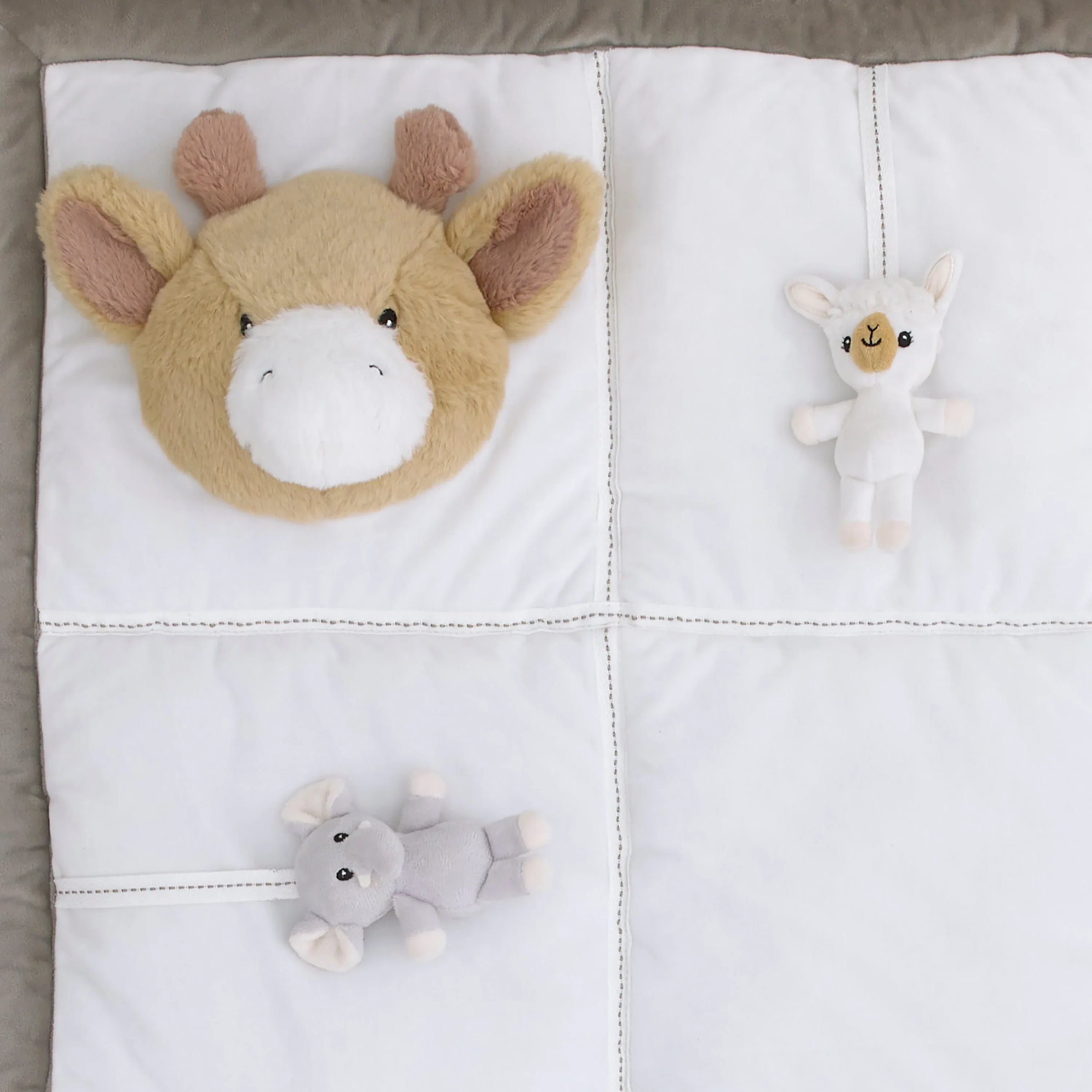 Playful Pals White, Tan, and Gray Four 3D Animals With Crinkle Plush Tummy Time Play Mat - Sloth, Llama, Elephant, and Giraffe - BIG FRENCHIES