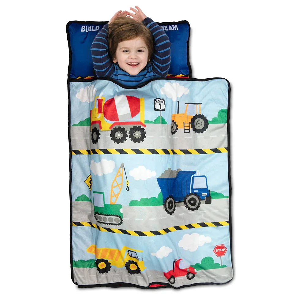 Construction Toddler Nap Mat - Includes Removable Pillow and Attached Fleece Blanket - BIG FRENCHIES