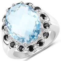 12.49 Carat Genuine Blue Topaz & Black Spinel .925 Sterling Silver Ring