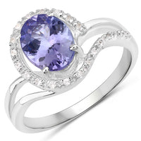 1.82 Carat Genuine Tanzanite and White Zircon .925 Sterling Silver Ring