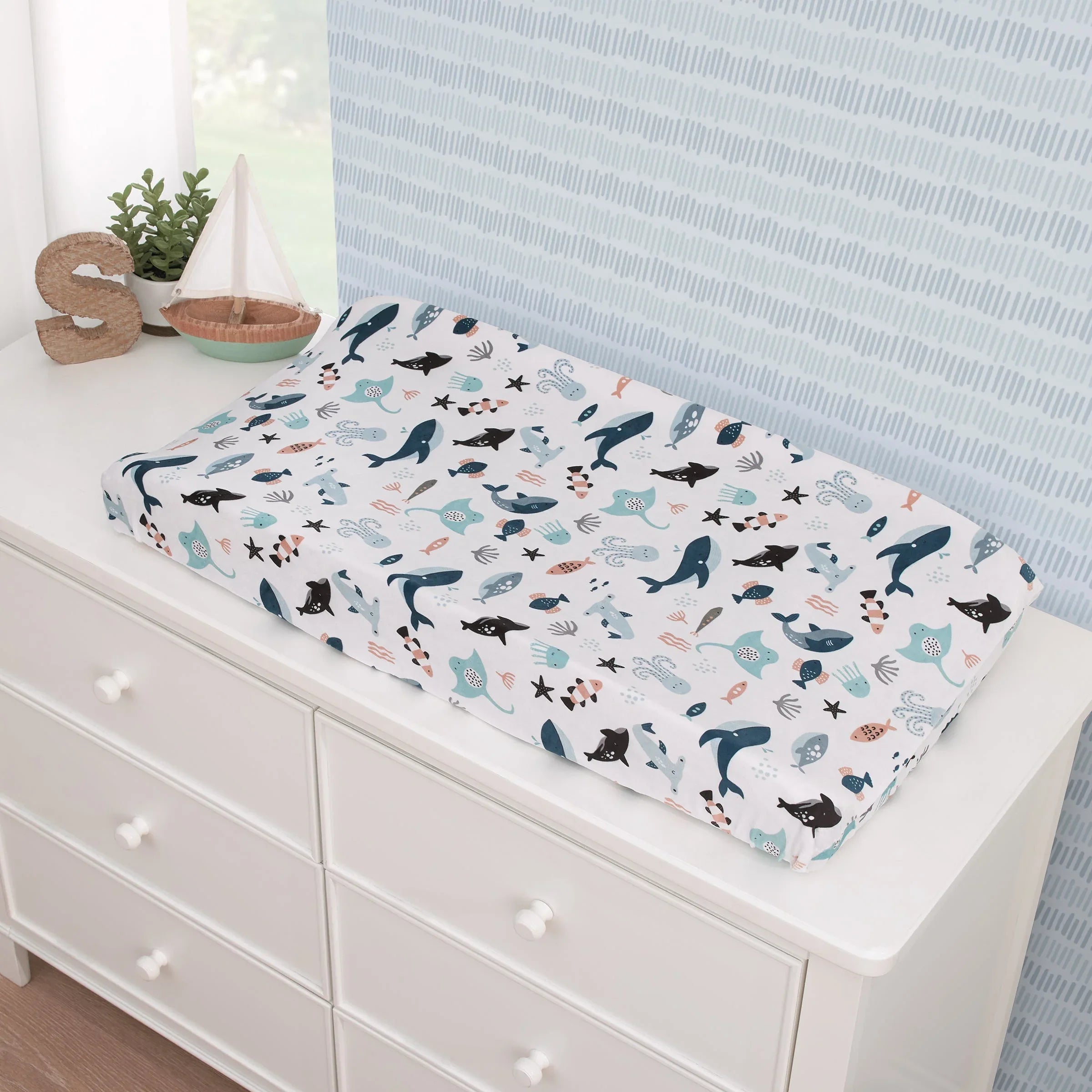 Explore Dream Discover Light Blue, Navy, Gray, and Coral Super Soft Contoured Changing Pad Cover - BIG FRENCHIES