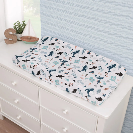 Explore Dream Discover Light Blue, Navy, Gray, and Coral Super Soft Contoured Changing Pad Cover - BIG FRENCHIES