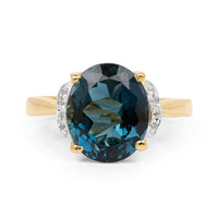 14K Yellow Gold Plated 6.09 Carat Genuine London Blue Topaz & White Diamond .925 Sterling Silver Ring