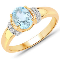 1.09 Carat Genuine Aquamarine and White Diamond 14K Yellow Gold Ring