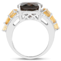 9.74 Carat Genuine Smoky Quartz, Citrine & White Topaz .925 Sterling Silver Ring
