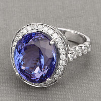 18.50 Carat Genuine Tanzanite and White Diamond 18K White Gold Ring