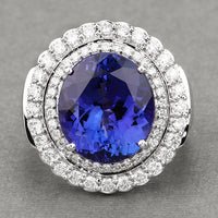 10.79 Carat Genuine Tanzanite and White Diamond 18K White Gold Ring