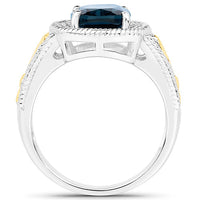 3.59 Carat Genuine London Blue Topaz and White Diamond 14K Yellow Gold with .925 Sterling Silver Ring