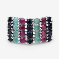 "3.40 Carat Genuine Emerald, Ruby and Black Sapphire .925 Sterling Silver Ring