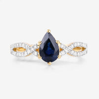1.14 Carat Genuine Blue Sapphire and White Diamond 14K Yellow Gold Ring