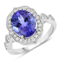 3.85 Carat Genuine Tanzanite and White Diamond 14K White Gold Ring